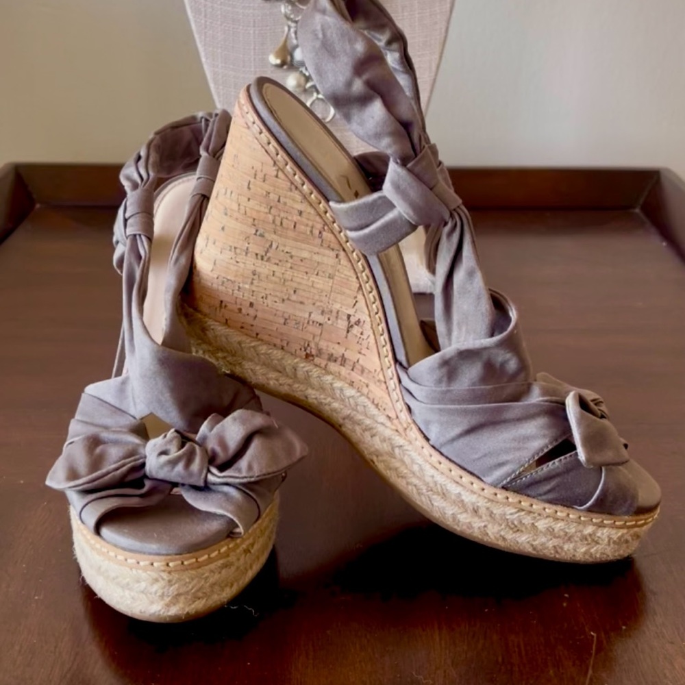 PRADA |  BOW NEUTRAL GRAY Cork Espadrille Designer Platform Wedge Sandal